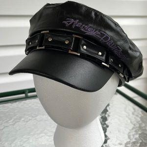 Vintage Harley Davidson Leather Newsboy Cap Banded Hat Chrome Buckled Details L